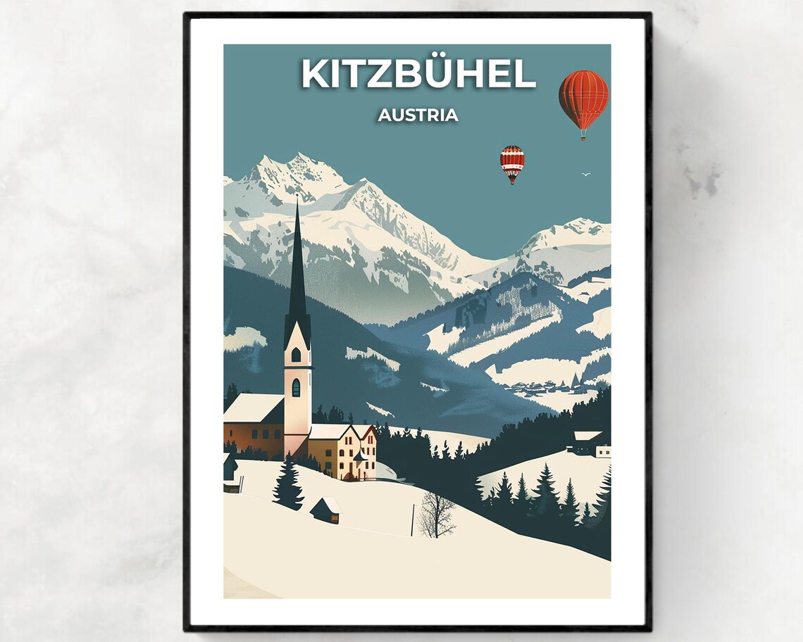 Snowy Kitzbuhel Church Spire with Hot Air Balloons Austria Poster