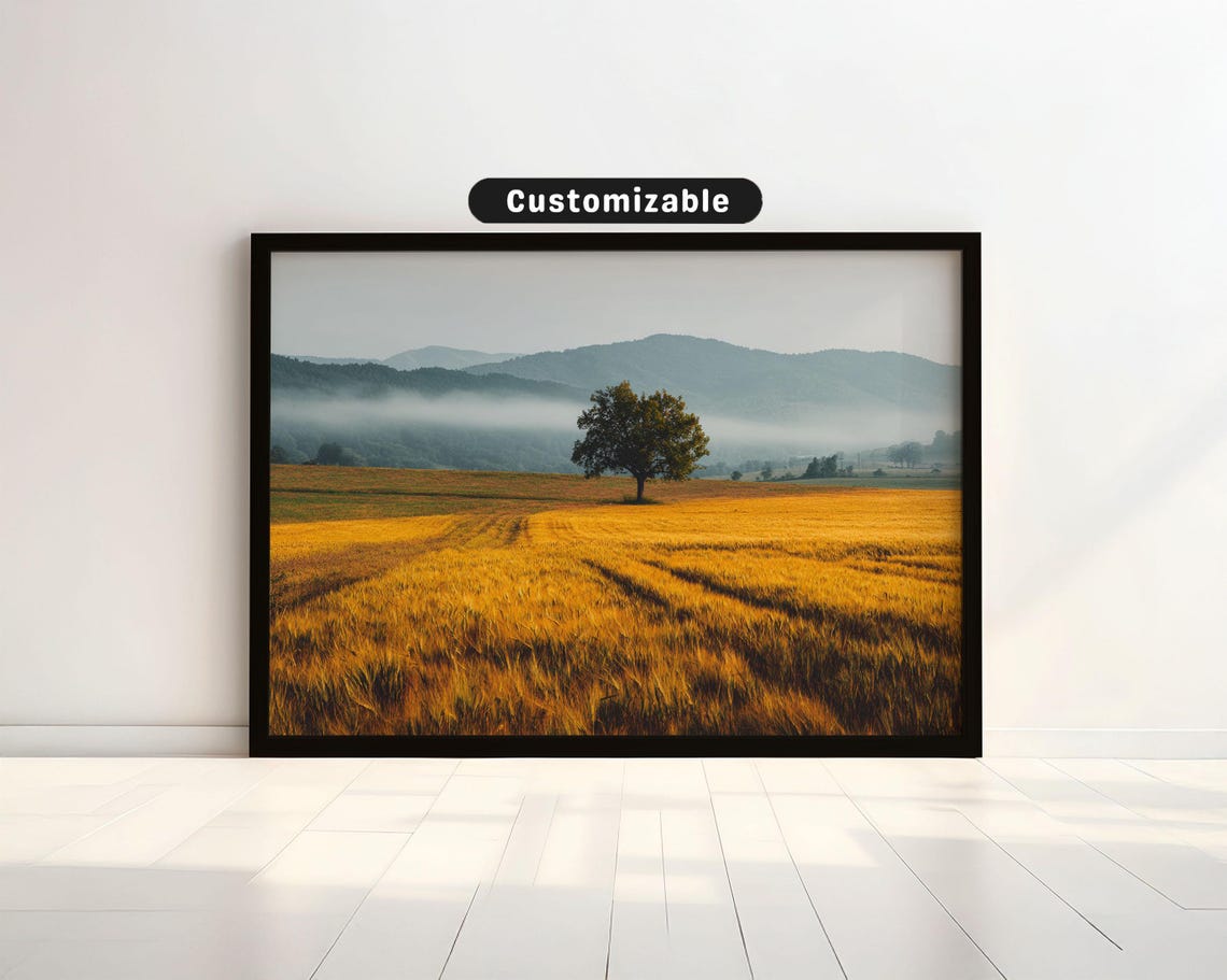 Golden Wheat Field Lone Tree Misty Hills Serene Nature Poster