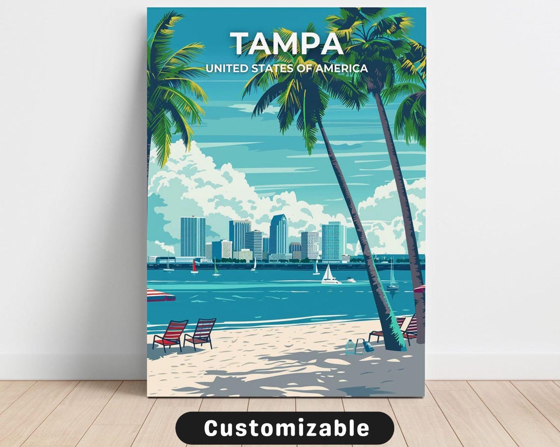 Tampa Florida Beach Skyline Palm Trees Vintage Travel Poster