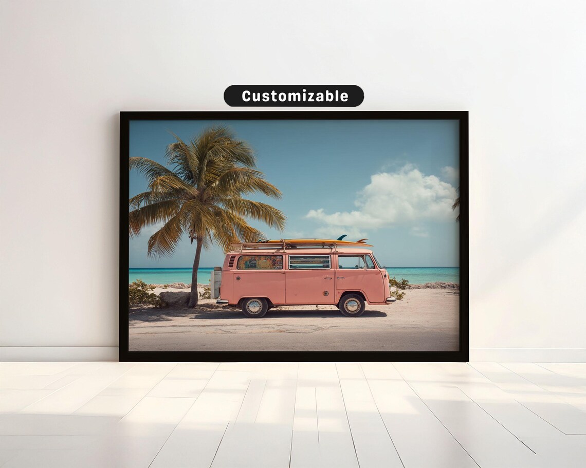 Pink Vintage Van Surfboards Beach Palm Tree Coastal Summer Art Poster