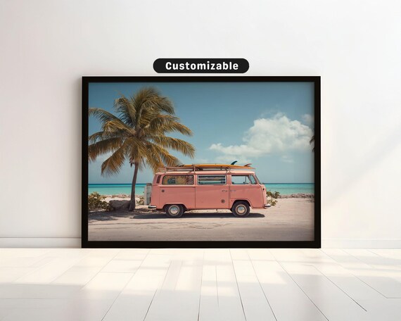 Pink Vintage Van Surfboards Beach Palm Tree Coastal Summer Art Poster