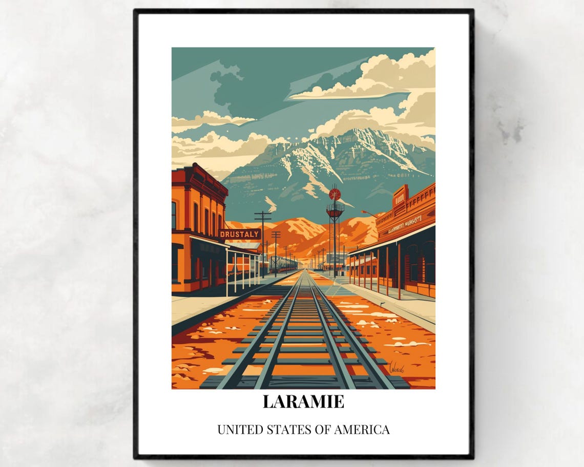 Laramie Historic Railroad Depot Desert Mountains Travel Poster