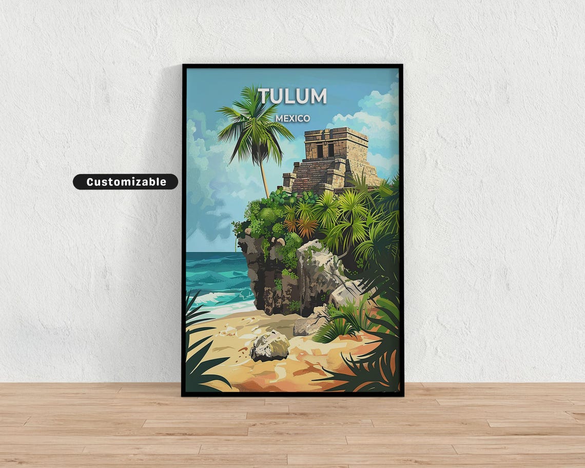 Tulum Mexico Pyramid Cliff Beach Palm Trees Custom Travel Poster