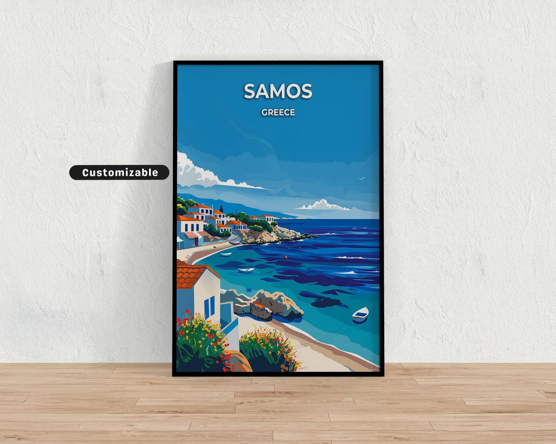 Sunny Samos Greece Aegean Island Beach Customizable Travel Poster
