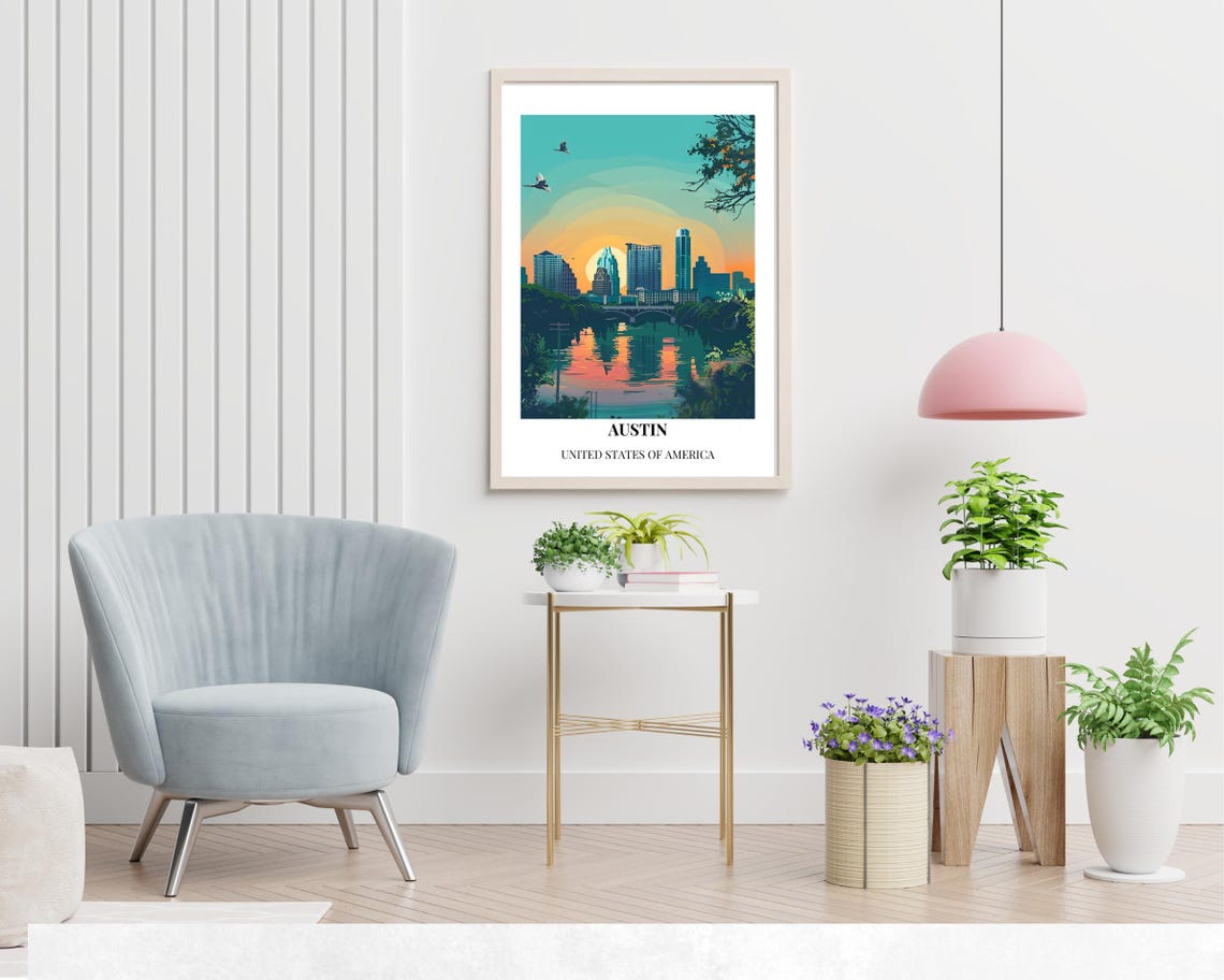 Austin Texas Downtown Skyline Sunset River Reflection Poster - Image 2