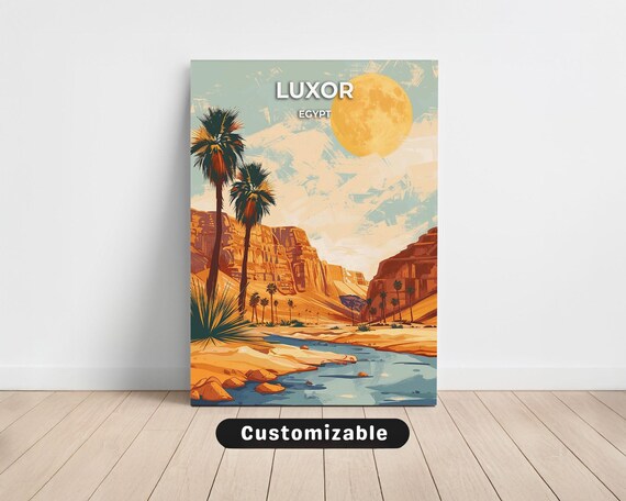 Luxor Egypt Desert Valley Travel Poster with Red Cliffs Palms and River