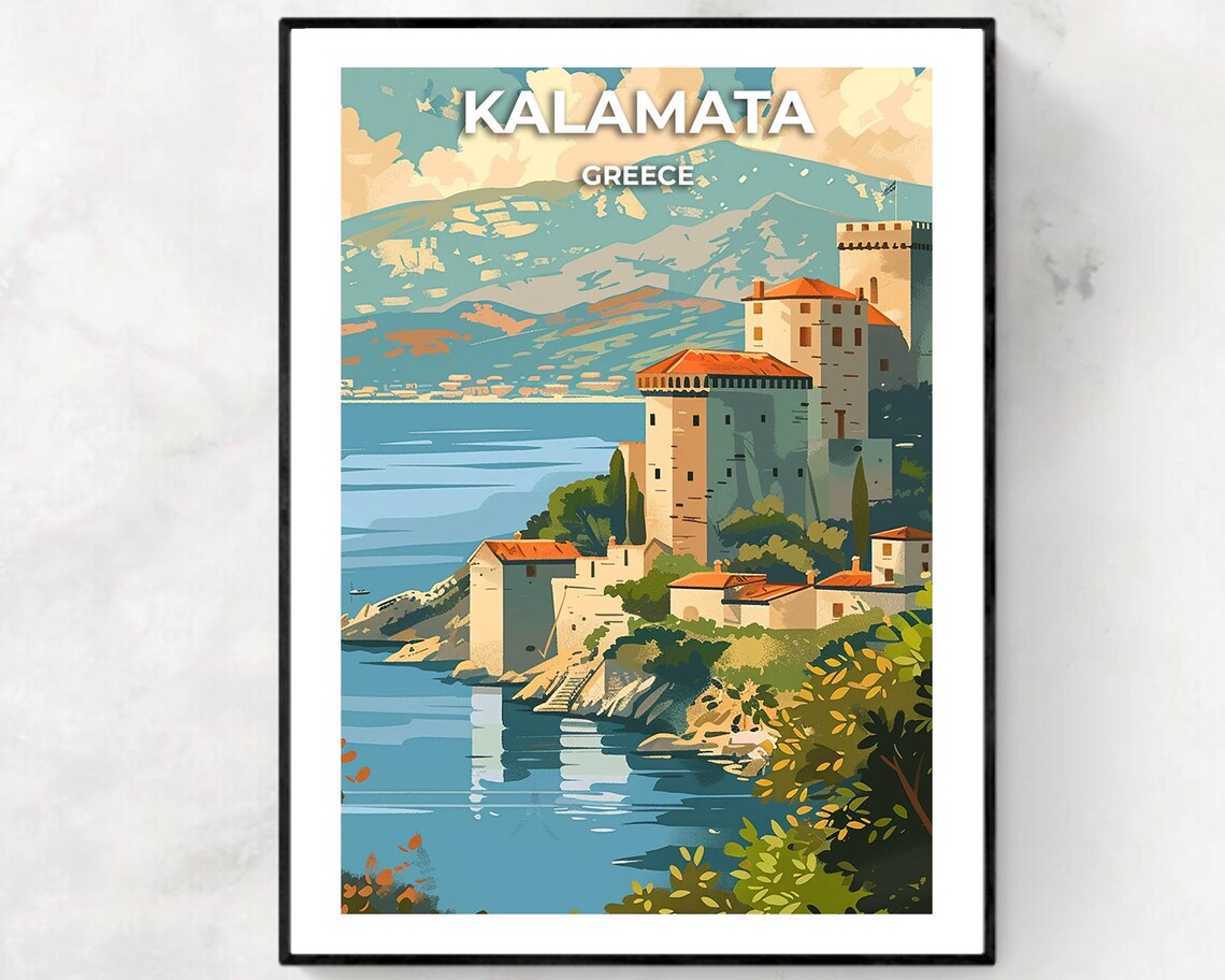 Kalamata Greece Castle Coastline Seaside Vintage Travel Poster