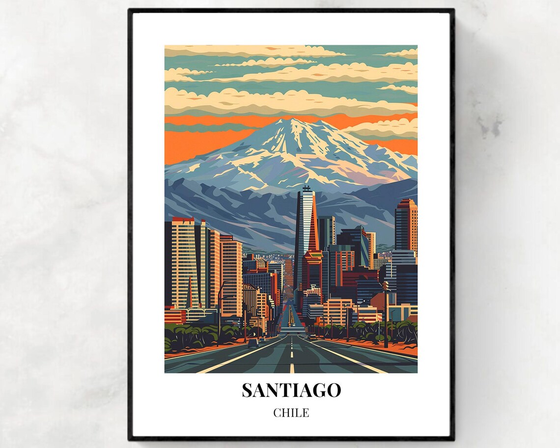 Santiago Chile Poster with City Avenue Framed by Snowy Andes Peaks