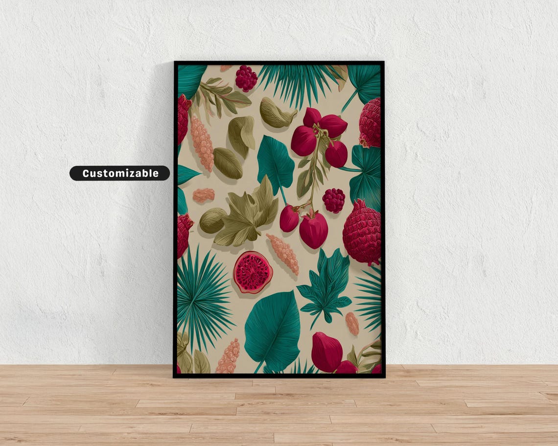 Tropical Fruit Leaf Pattern Red Dragonfruit Palm Vintage Style Poster