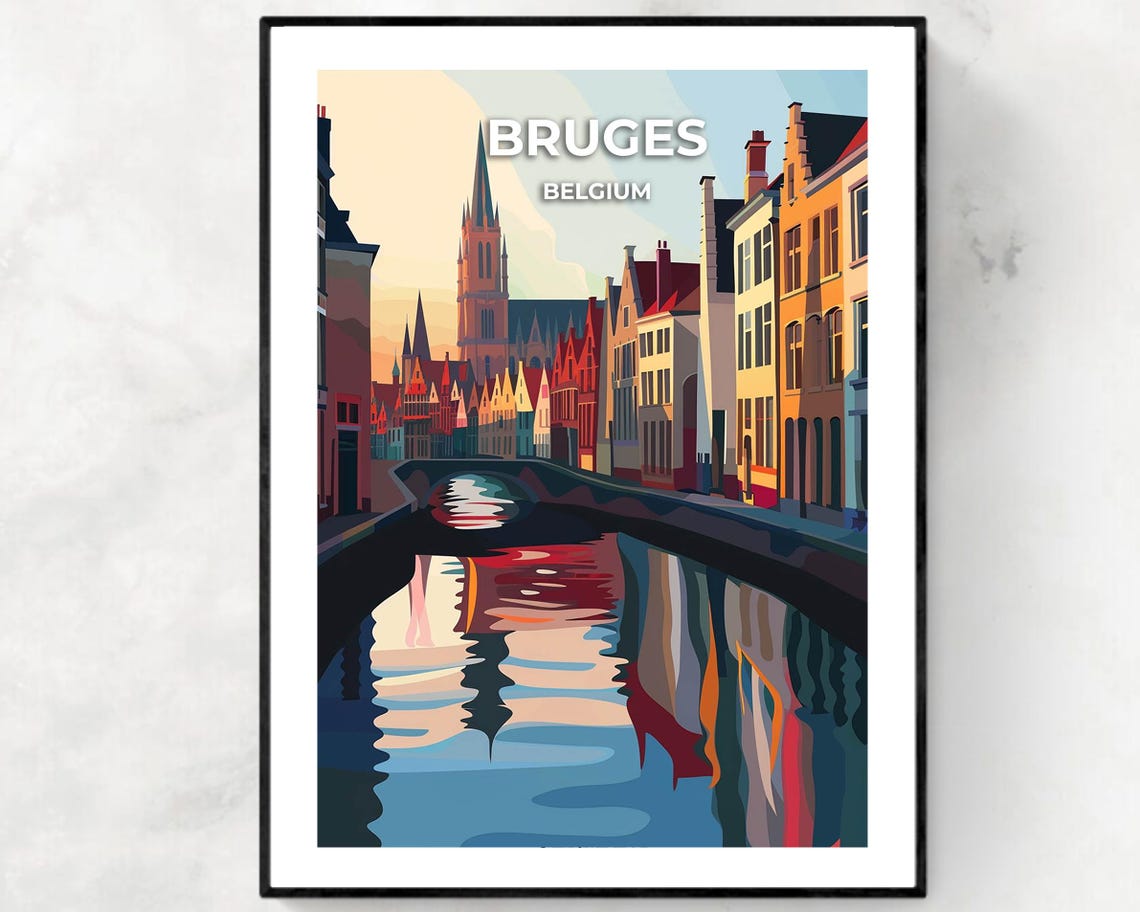 Bruges Belgium Canal and Belfry Reflection Vintage Travel Poster