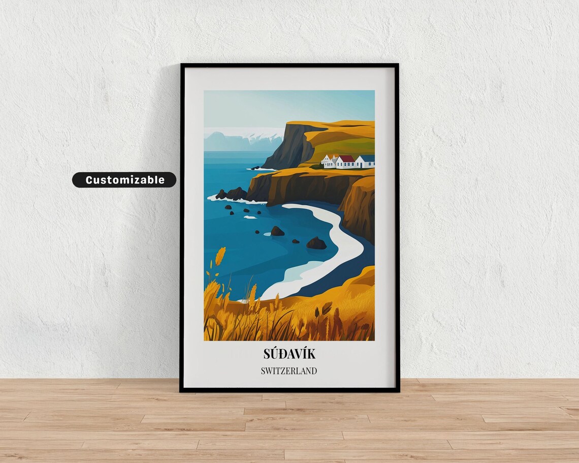 Súðavík Switzerland Coastal Cliffs Turquoise Cove Travel Poster