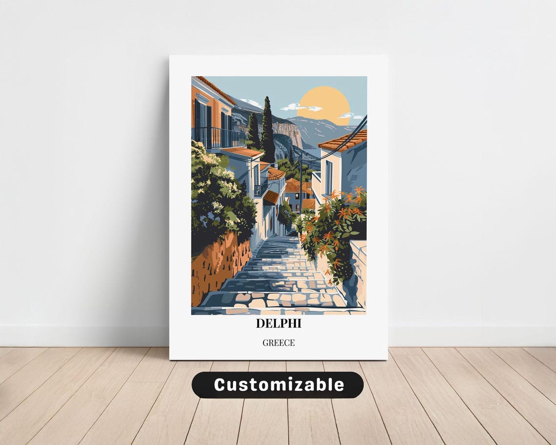 Delphi Greece Travel Village Sunset Stairs Illustration Art Print