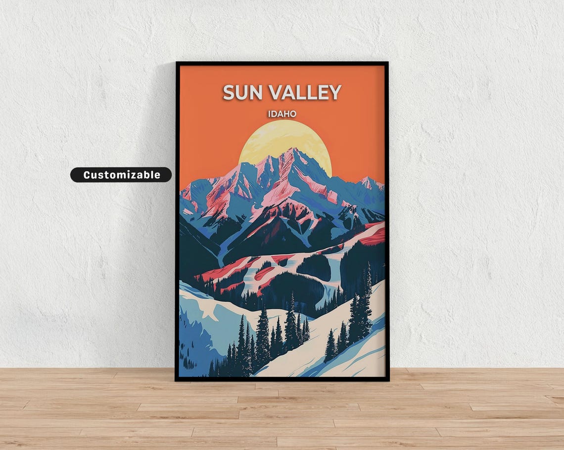 Sun Valley Idaho Sunset Over Snowy Peaks Pine Forest Ski Travel Poster