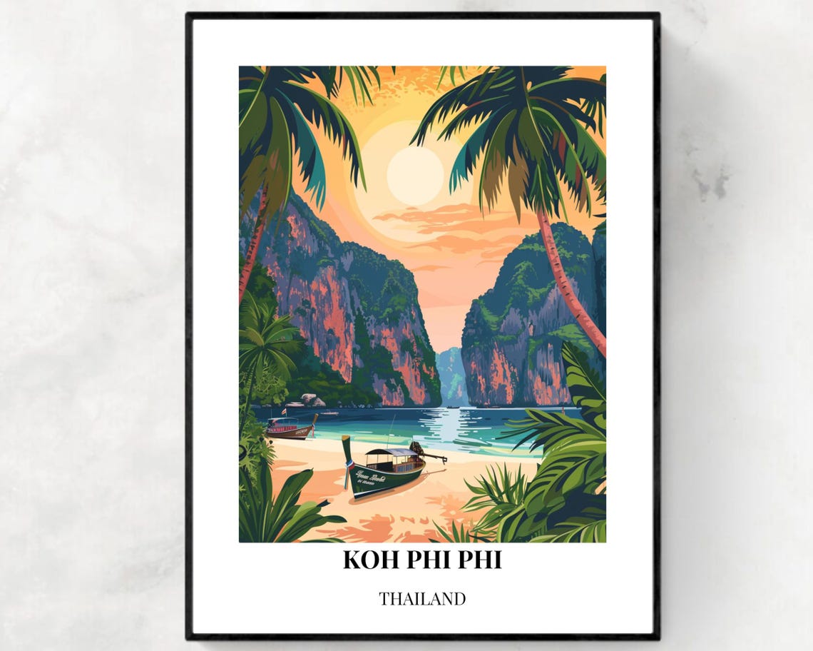 Koh Phi Phi Thailand Tropical Bay Sunset Longtail Boats Poster
