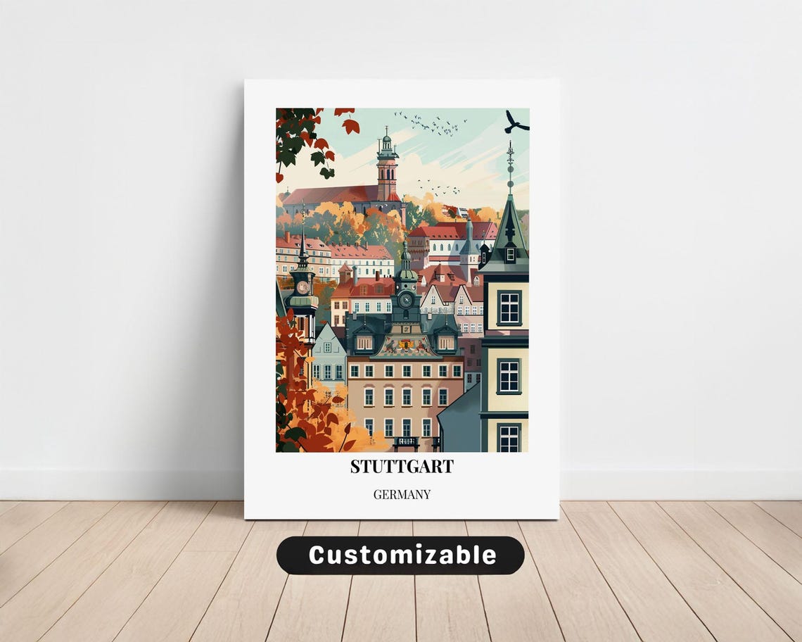 Stuttgart Germany Autumn Old Town Rooftops Vintage Travel Poster