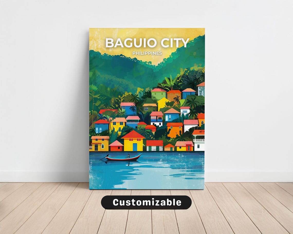 Baguio City Philippines Colorful Hillside Homes Lake Travel Poster