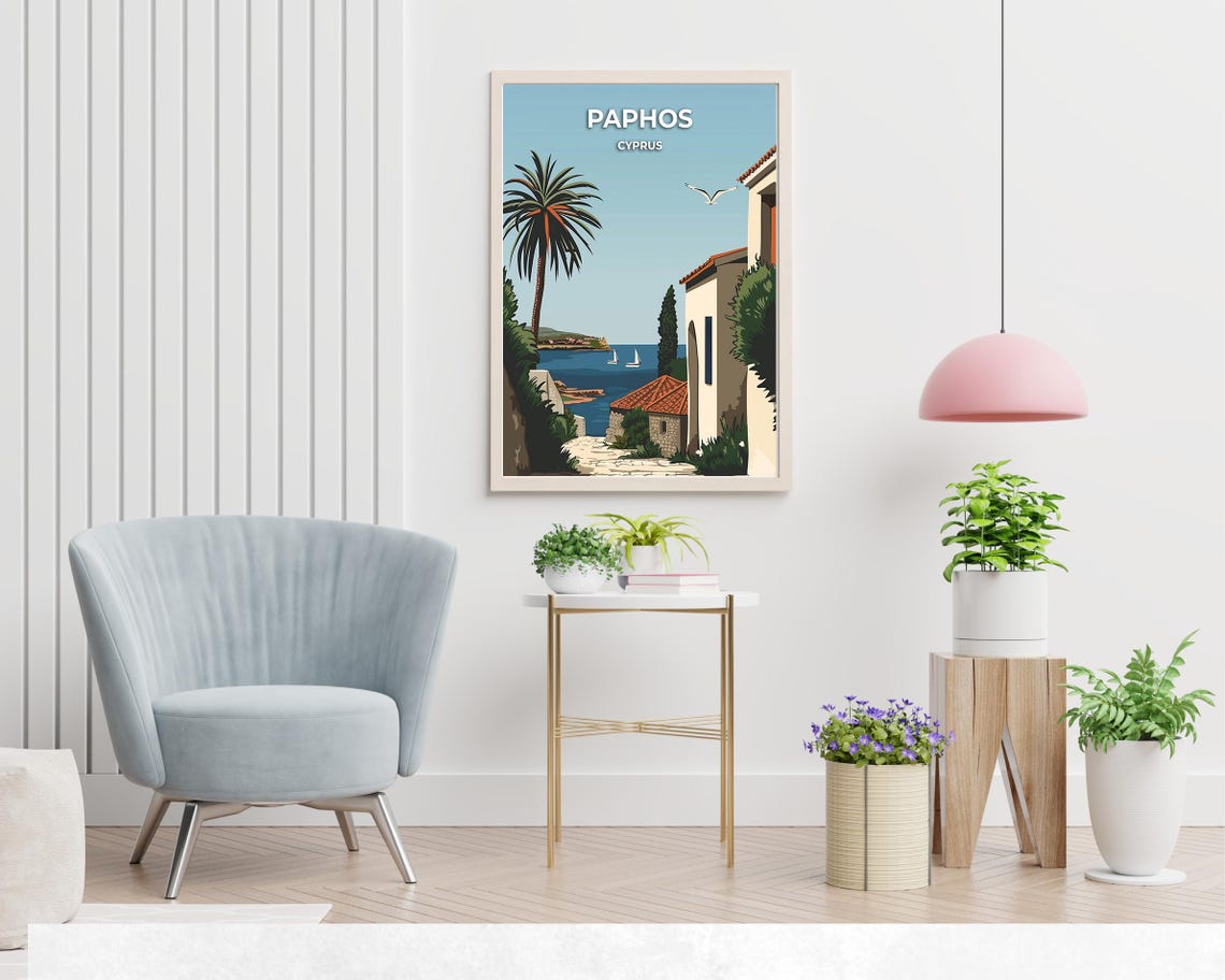 Paphos Whitewashed Lane With Palm Tree and Sailboats Travel Poster - Image 2