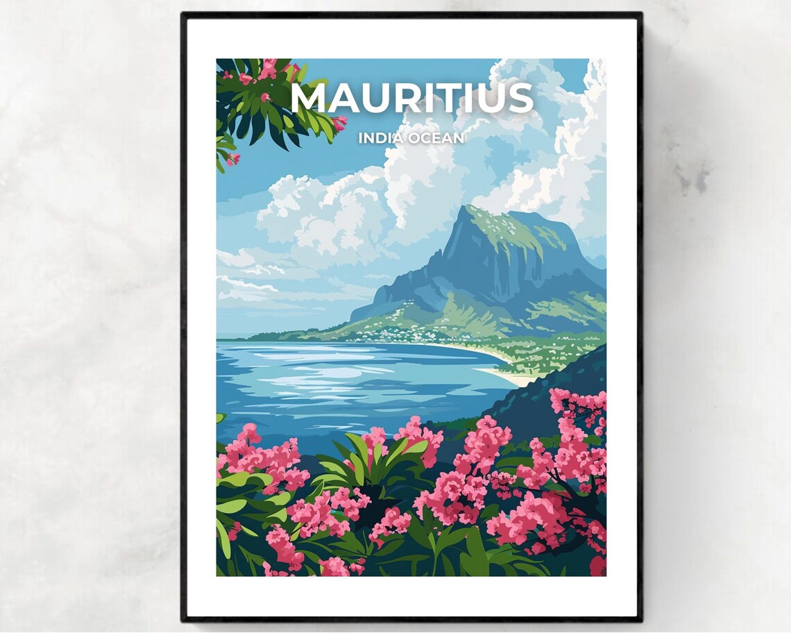 Mauritius Indian Ocean Mountain Bay Pink Flowers Travel Poster