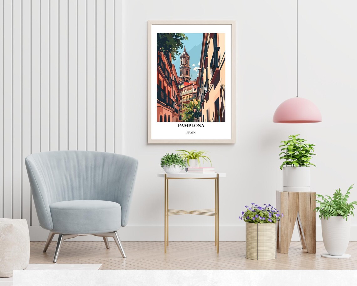Pamplona Spain Old Town Alley Cathedral Tower Vintage Poster - Image 2
