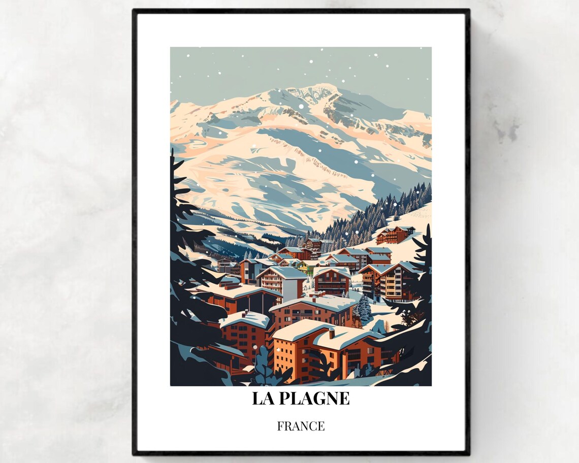 La Plagne France Snowy Village Alpine Peaks Travel Poster Art