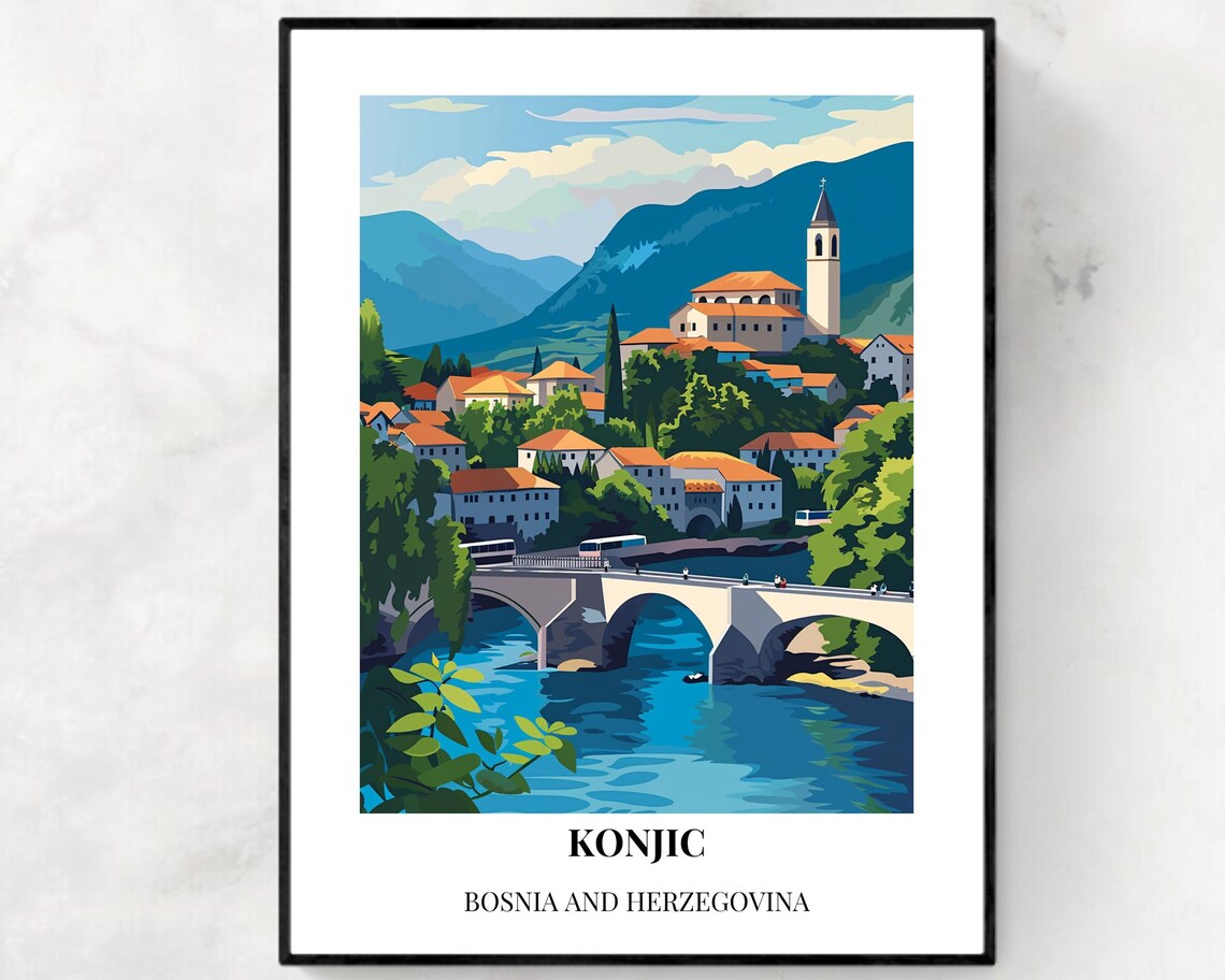 Konjic Bosnia Herzegovina Old Stone Bridge River Town Travel Poster