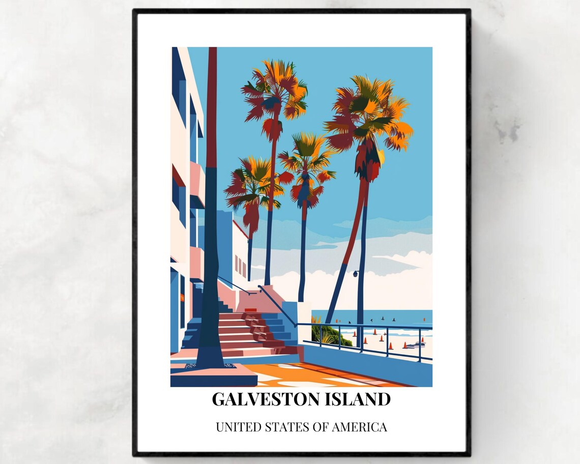 Galveston Island Palm Promenade Gulf View Texas Travel Poster
