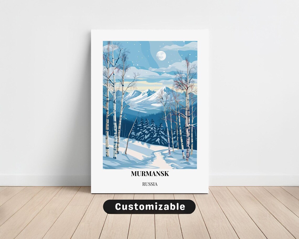 Murmansk Russia Snowy Winter Birch Forest Moonlight Travel Poster