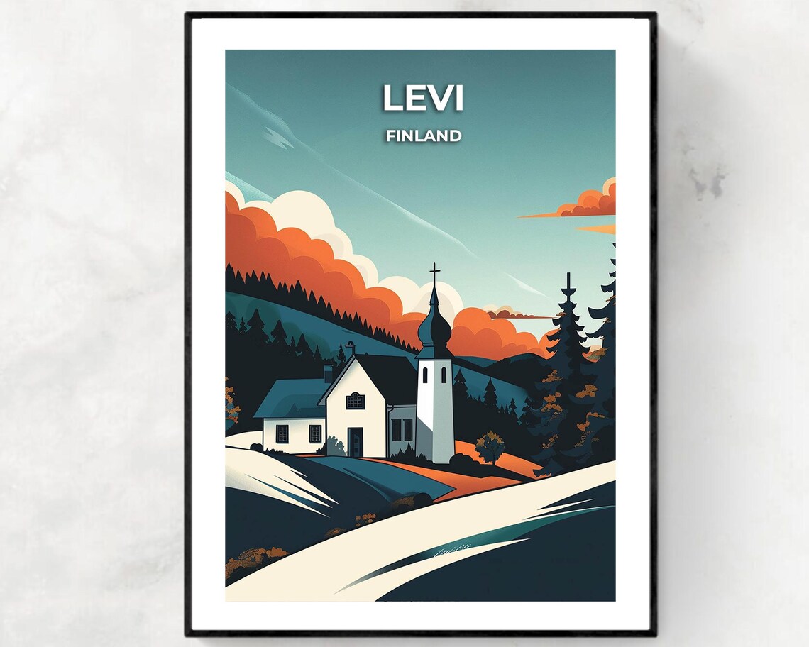 Levi Finland Snowy Village Church Scene At Dusk In Lapland Poster