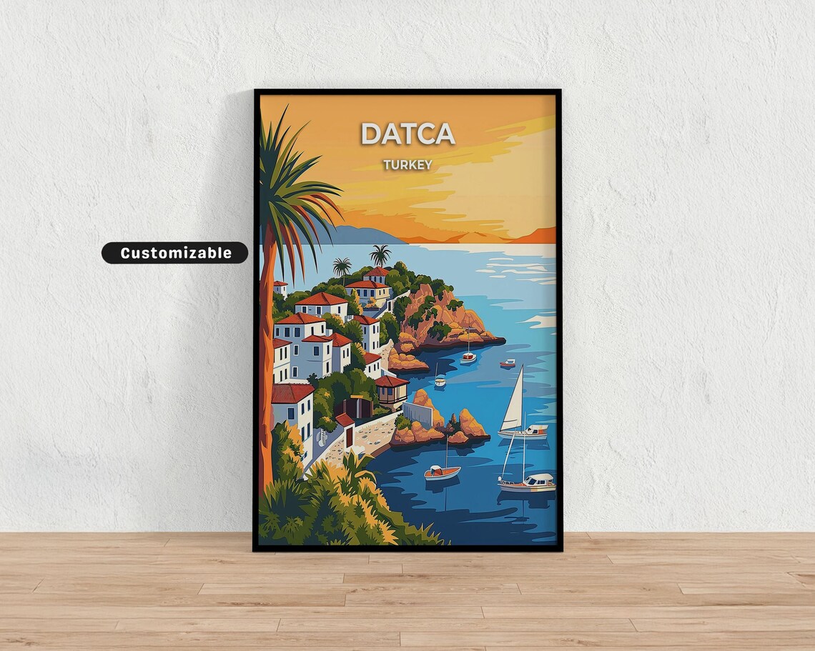 Datca Turkey Aegean Harbor Sunset Sailboats Vintage Travel Poster