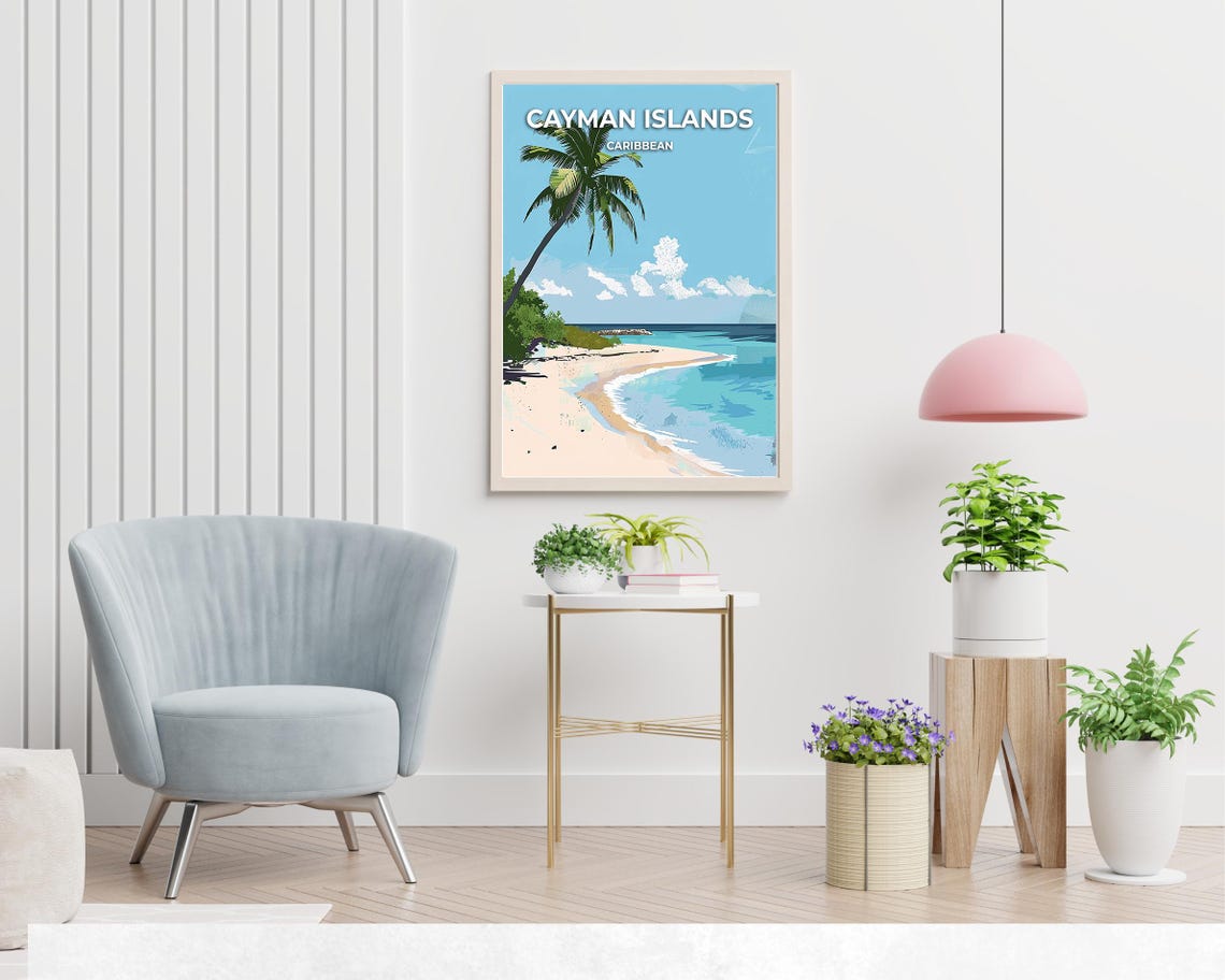 Cayman Islands Caribbean Beach Palm Tree Illustrated Travel Poster - Image 2