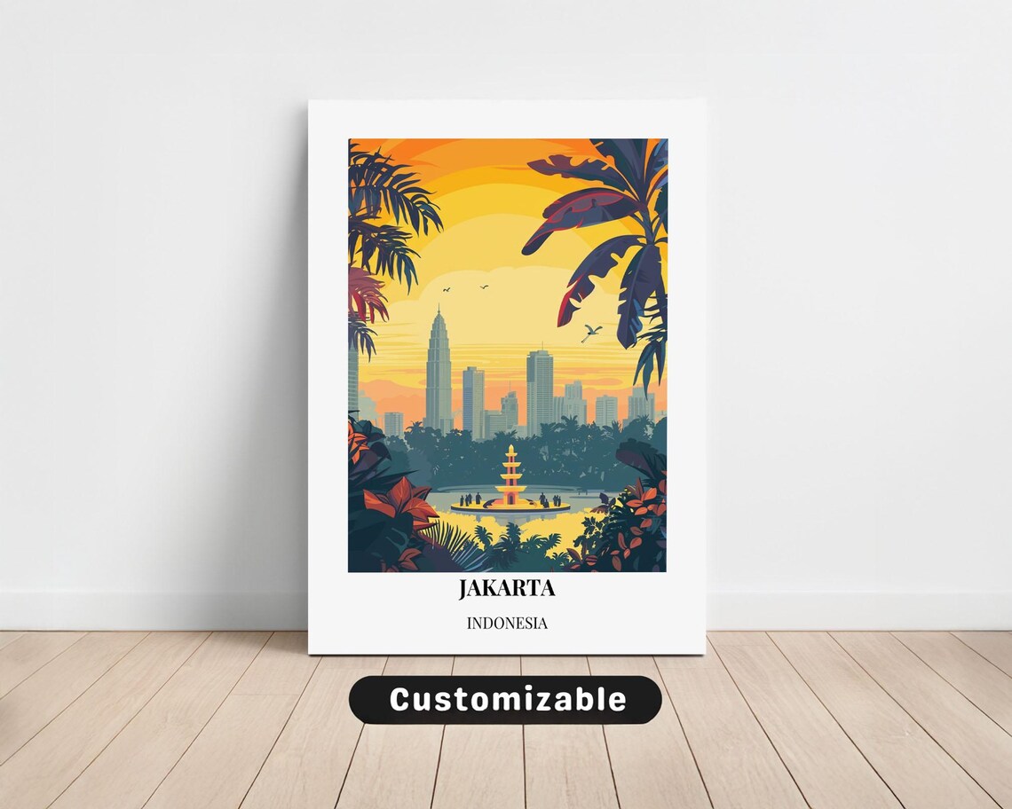 Jakarta Indonesia Skyline Sunset Towers Lake Pagoda Travel Poster