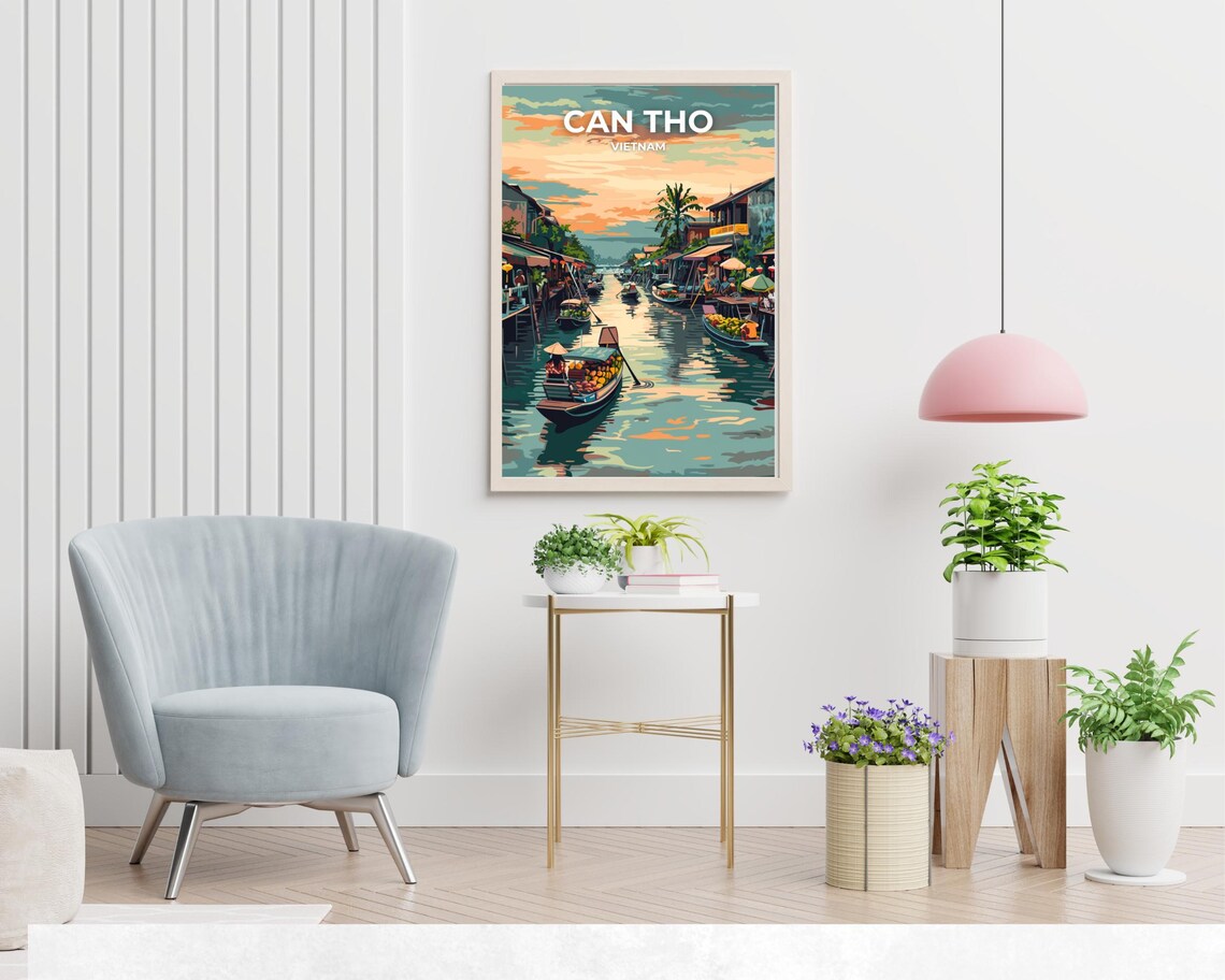 Can Tho Vietnam Floating Market Sunset Canal Boats Scene Travel Poster - Image 2