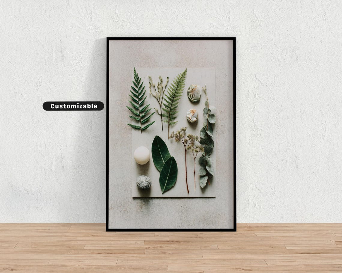 Flat Lay Of Botanical Elements On Textured Paper Minimal Wall Art Neutral Nature Print