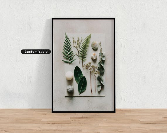Flat Lay Of Botanical Elements On Textured Paper Minimal Wall Art Neutral Nature Print
