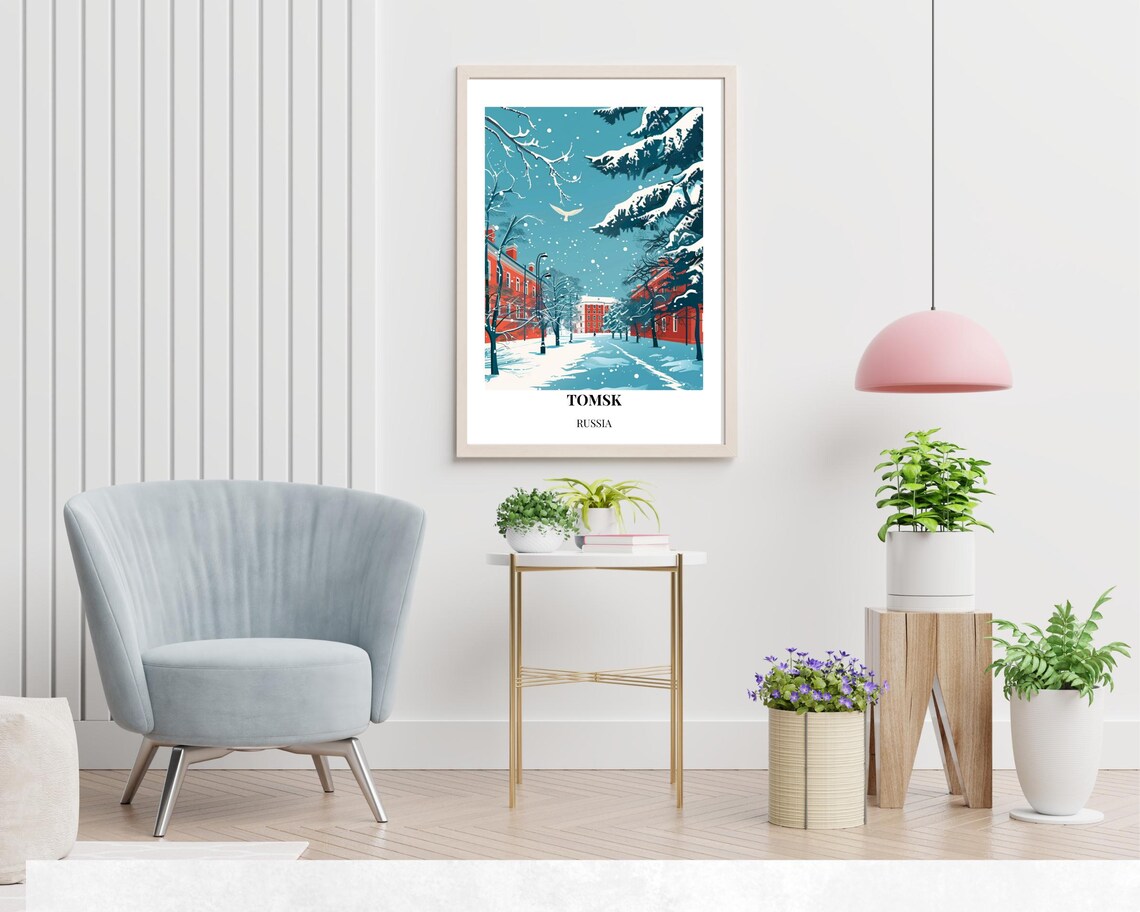 Tomsk Russia Winter Street Red Buildings Snowfall Scene Travel Poster - Image 2