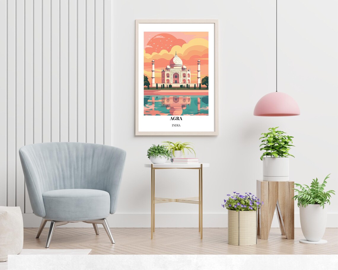 Agra Taj Mahal Sunset Reflection Pink Sky India Travel Art Poster - Image 2