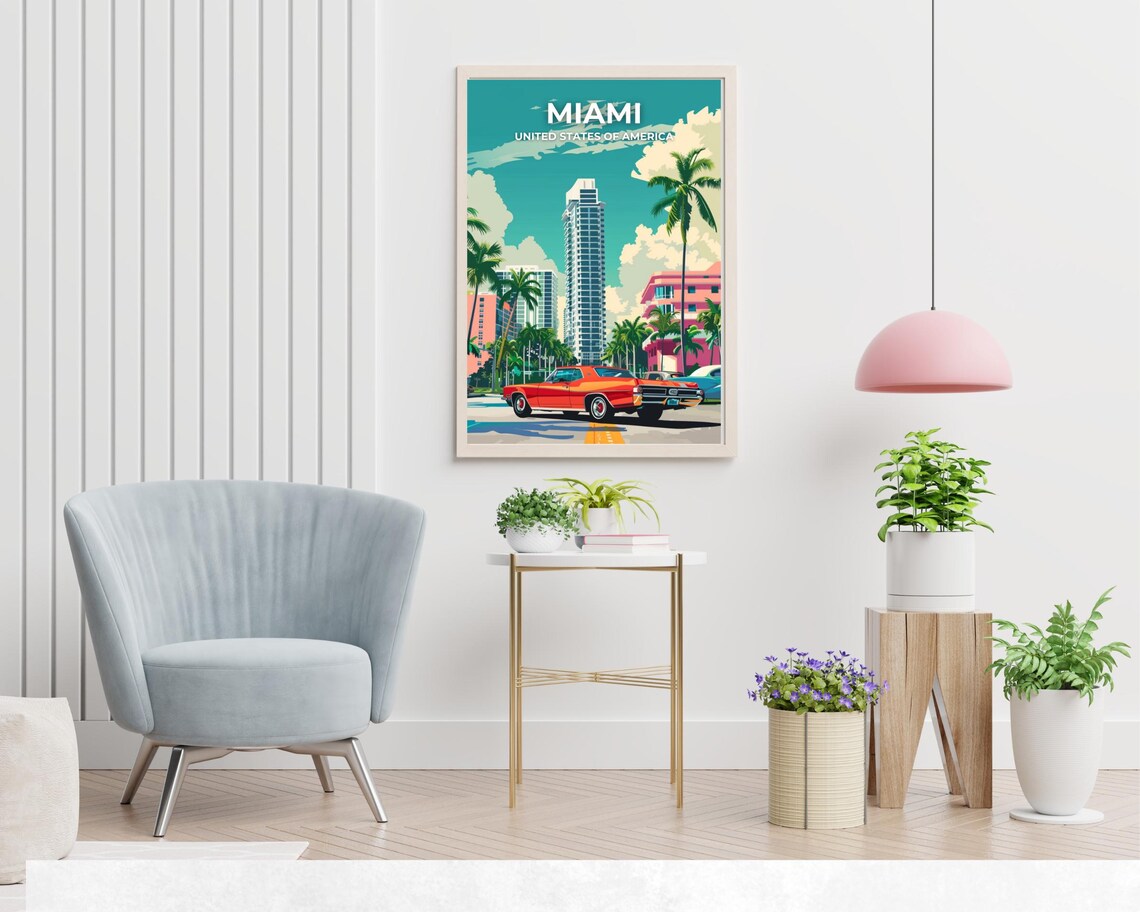 Miami Florida Classic Car Art Deco Palms Vintage Travel Poster - Image 2