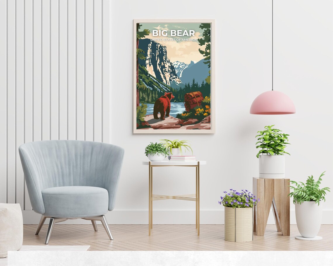 Big Bear USA Mountain Lake Bear Hiker Retro Wilderness Scene Travel Poster - Image 2
