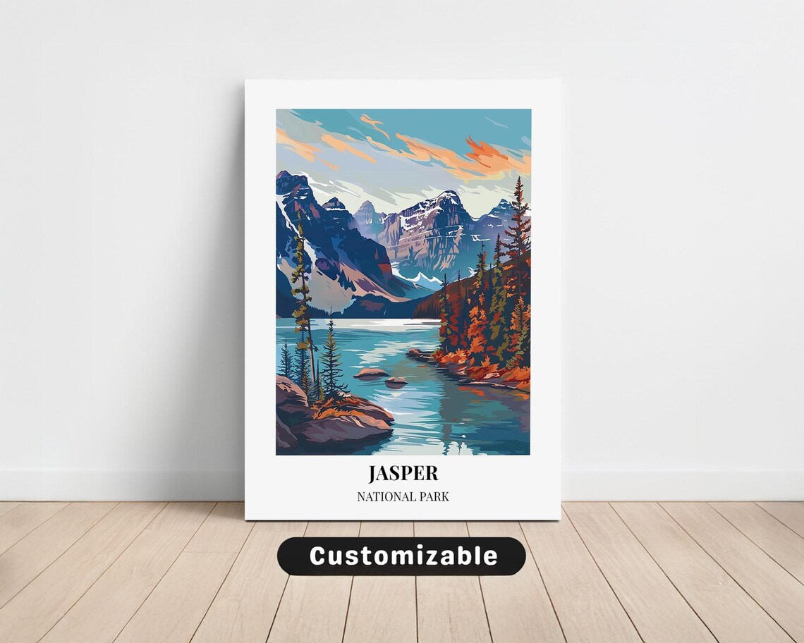 Jasper National Park Travel Poster Alpine Lake Autumn Vintage Wall Decor