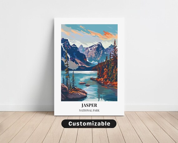 Jasper National Park Travel Poster Alpine Lake Autumn Vintage Wall Decor