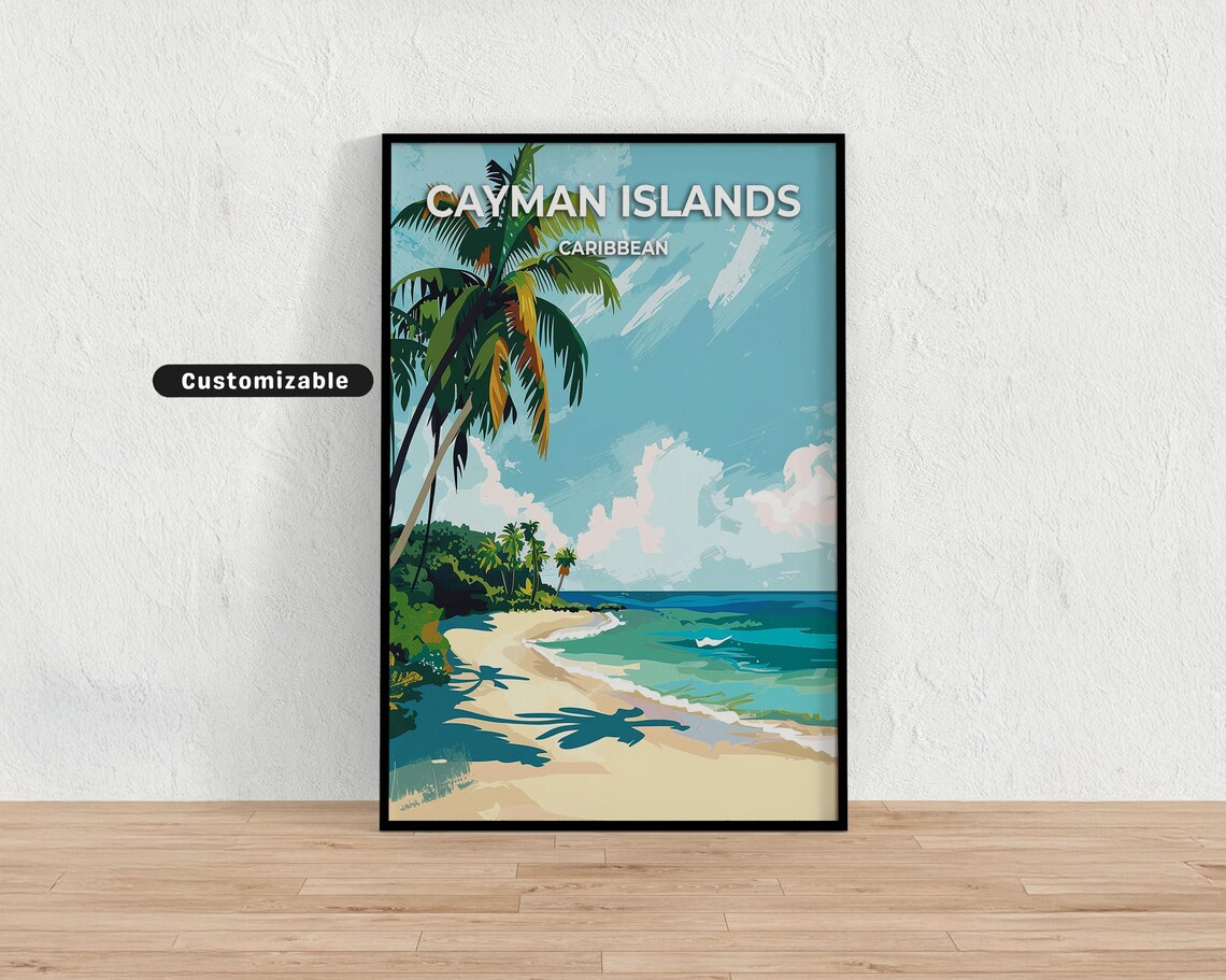 Cayman Islands Caribbean White Sand Beach Palm Shade Custom Travel Poster