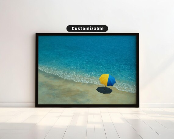 Blue And Yellow Beach Umbrella Aerial Ocean Shore Minimalist Photo Poster