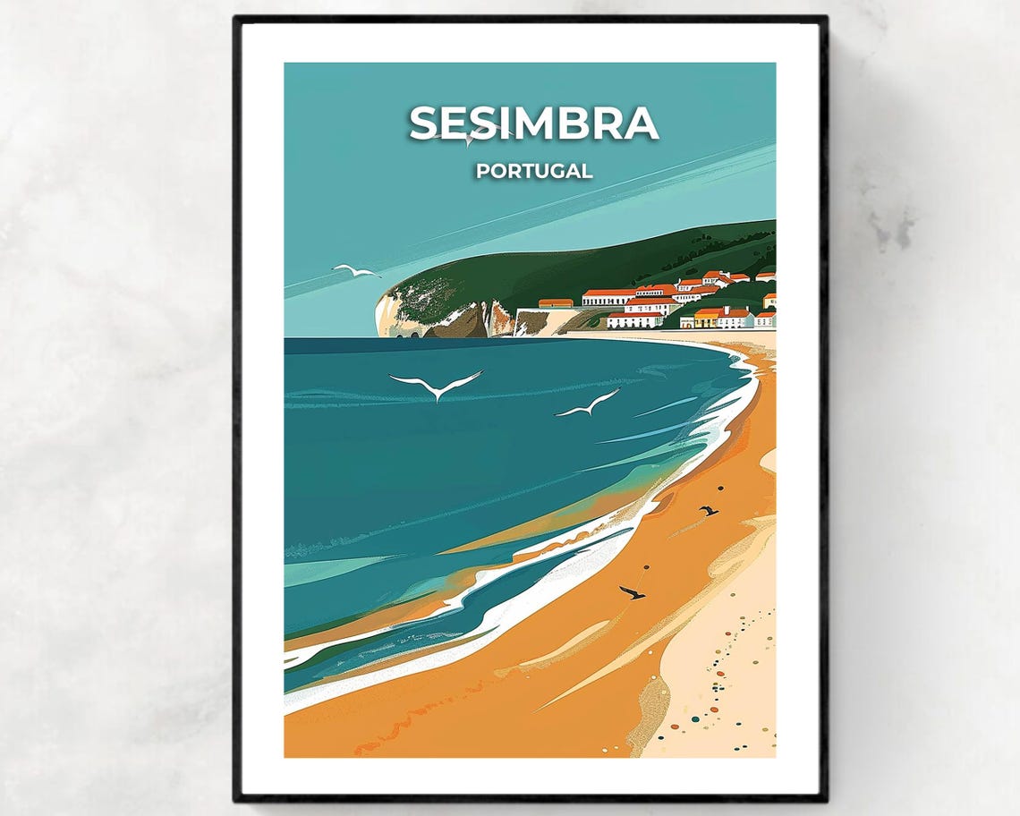 Sesimbra Portugal Golden Beach Cliffs and Village Coast Travel Poster