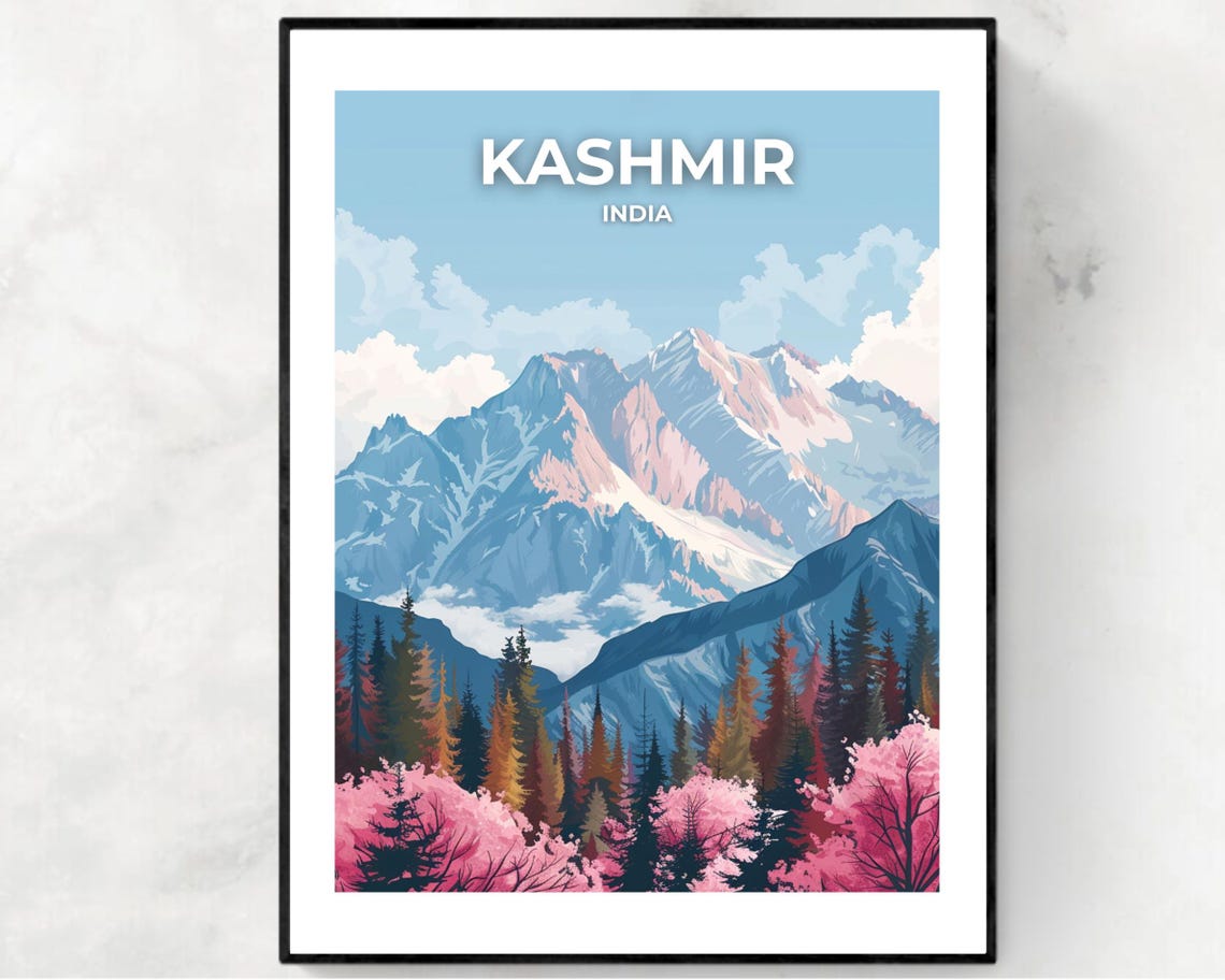 Kashmir India Snowy Himalayan Peaks Spring Blossom Travel Poster