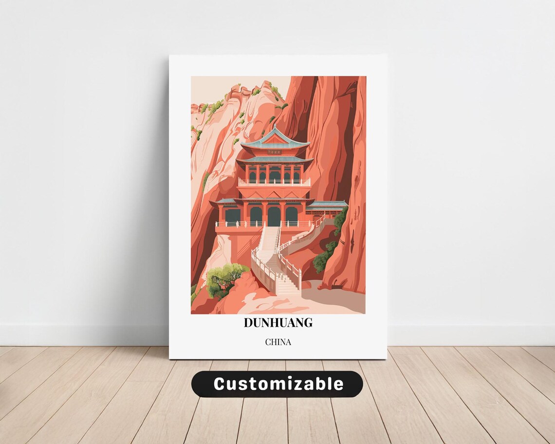 Dunhuang China Red Cliff Temple Retro Travel Destination Poster