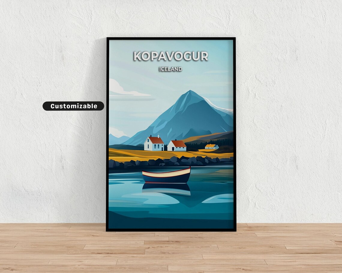 Kopavogur Iceland Mountain Lake Rowboat Customizable Travel Poster