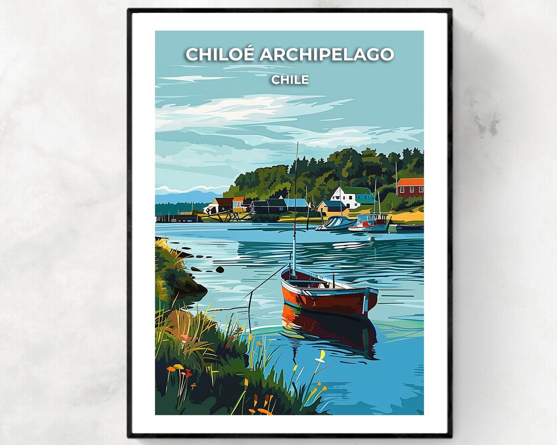 Chiloé Archipelago Chile Red Fishing Boat Harbor Scene Poster