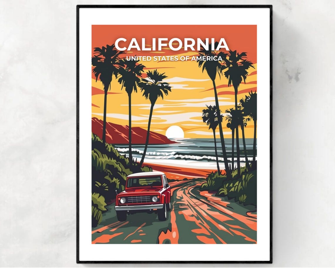 California Beach Road Sunset Palms On Artwork Title Travel Poster
