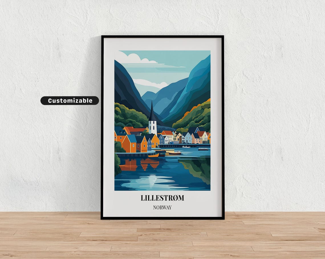 Lillestrøm Norway Fjord Village Customizable Travel Poster Sunset