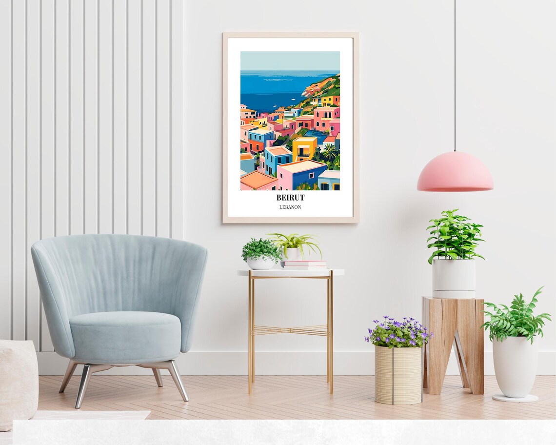Beirut Lebanon Colorful Coastal Houses Bay View Travel Poster - Image 2